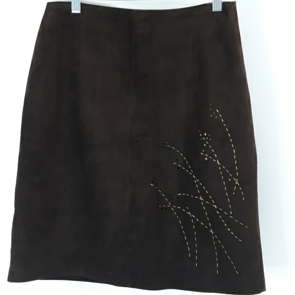 Ann Taylor LOFT Brown Leather Suede Skirt Size 8P Embroidery & Eyelet Accents